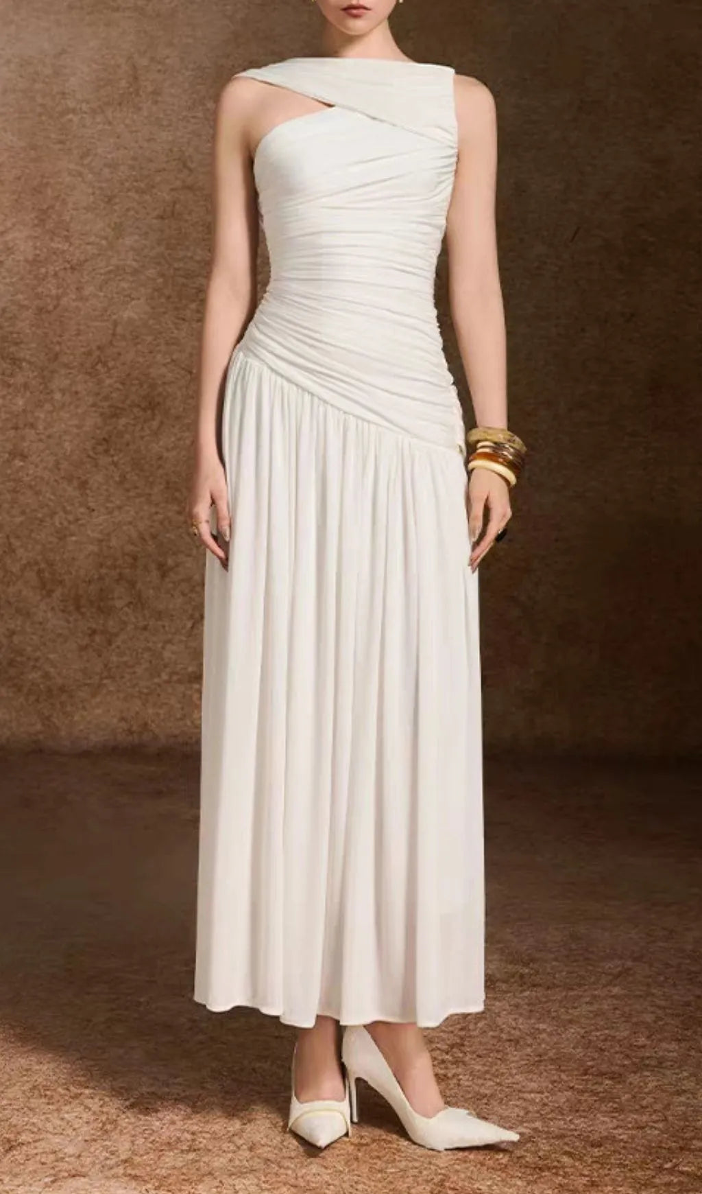 Kelsey White Ruched Maxi Dress Flowering Girl