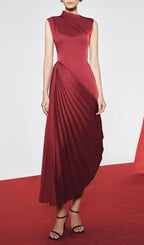 Red Diagonal Pleated Midi Dress