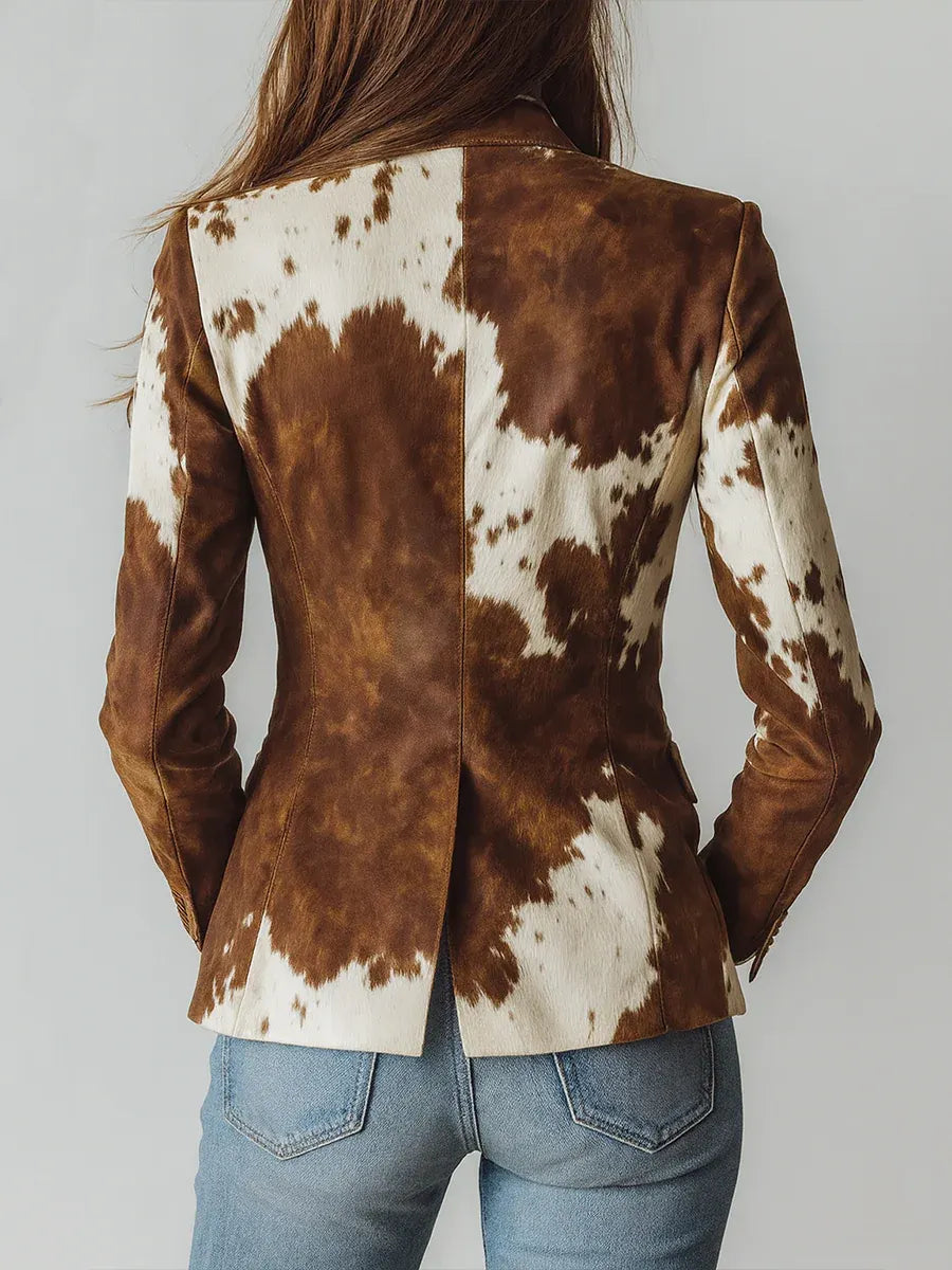 Retro Brown Cow Print Suit Jacket Flowering Girl