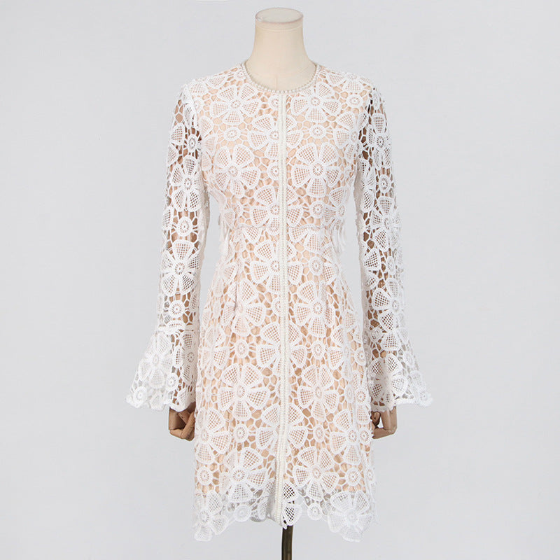 Embroidered Hollow Mini Dress In White Flowering Girl