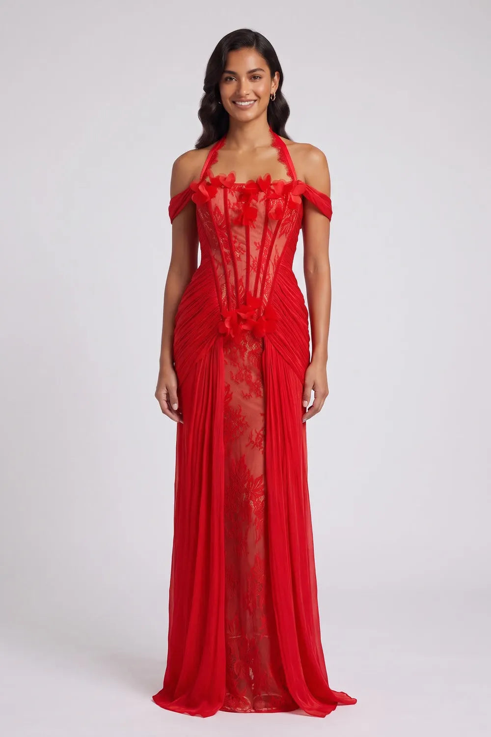 Red Halter Neck Floor-Length Gown with Floral Appliqué Flowering Girl