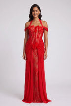 Red Halter Neck Floor-Length Gown with Floral Appliqué Flowering Girl