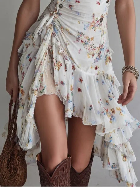 Retro Floral V-Neck Spaghetti Strap Mini Dress Flowering Girl
