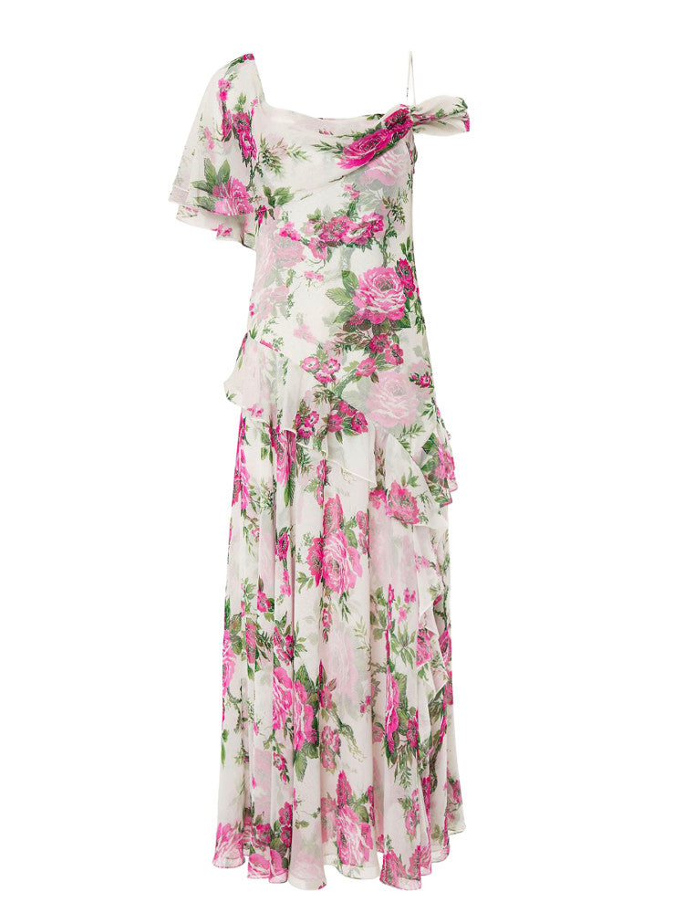 White Off-The-Shoulder Floral Printed Midi Dress Flowering Girl