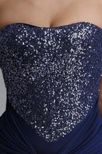 Navy Sequin Mermaid Evening Gown, Halter Choker Formal Maxi Dress Flowering Girl