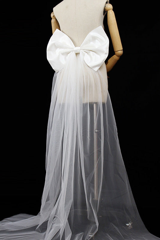 Oversized White Satin Giant Back Bow with Long Sheer Tulle Train Sash Flowering Girl