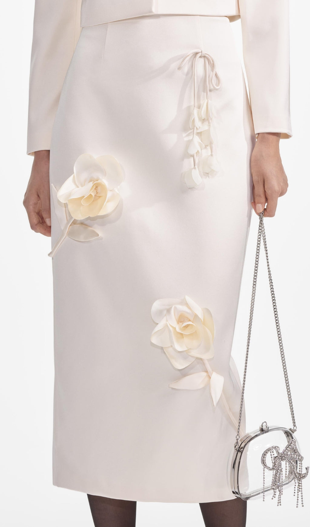 Cream 3D Flower Satin Midi Skirt Flowering Girl