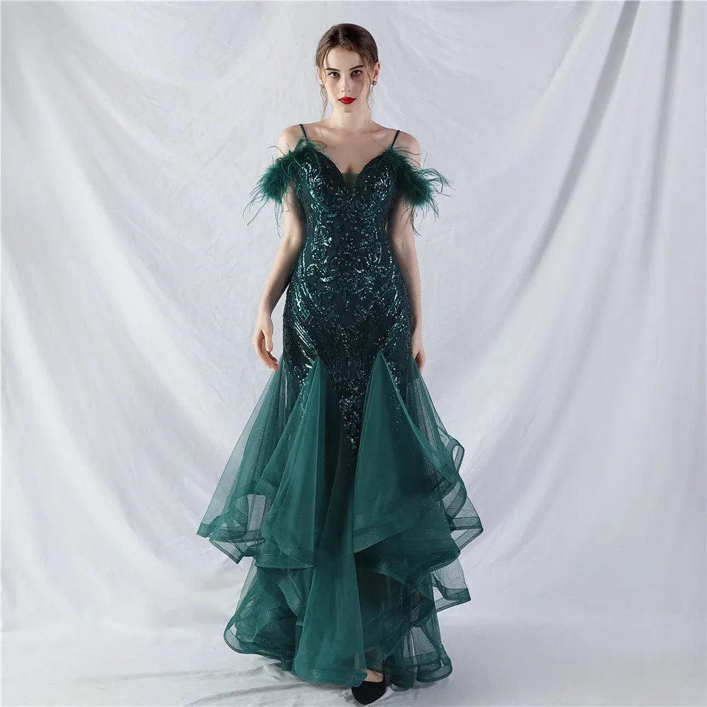 Feather Sequin Strapless Tulle Maxi Dress Flowering Girl