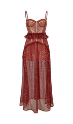 Korene Red Strappy Sequin Mesh Maxi Dress Flowering Girl