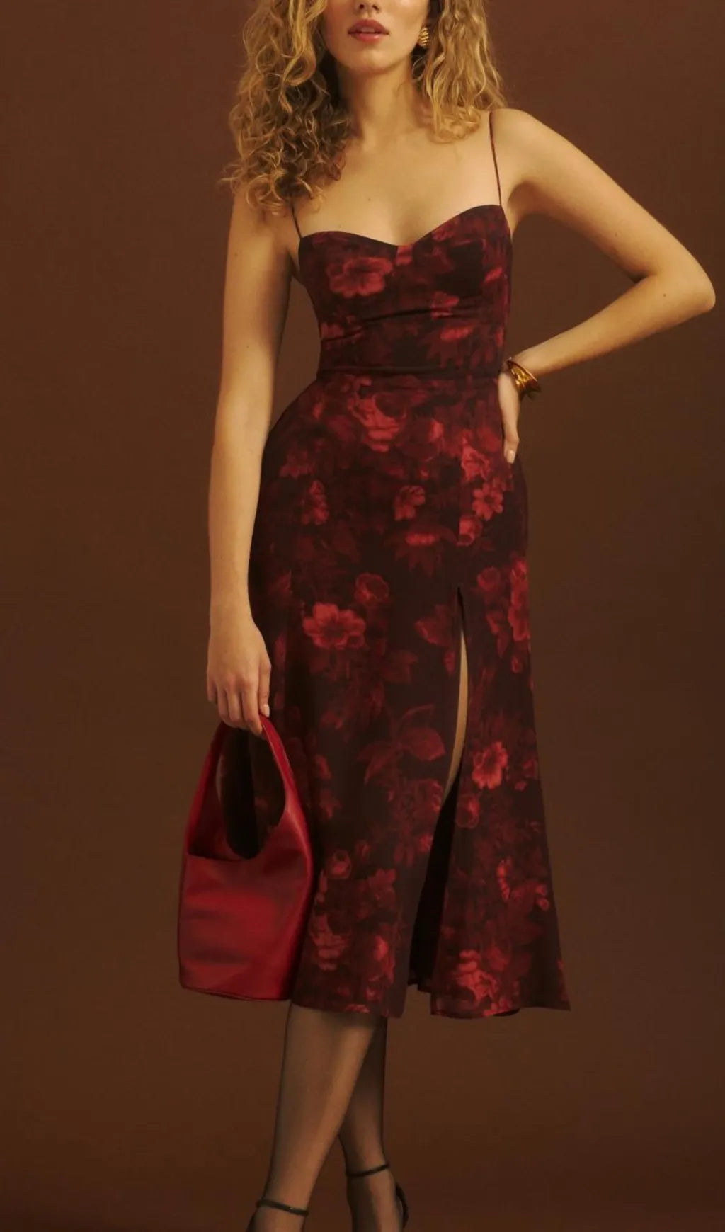 Floral Print Slit Midi Dress In Burgundy Flowering Girl