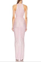 Hollow Mesh Rhinestone Sleeveless Maxi Dress In Pink Flowering Girl