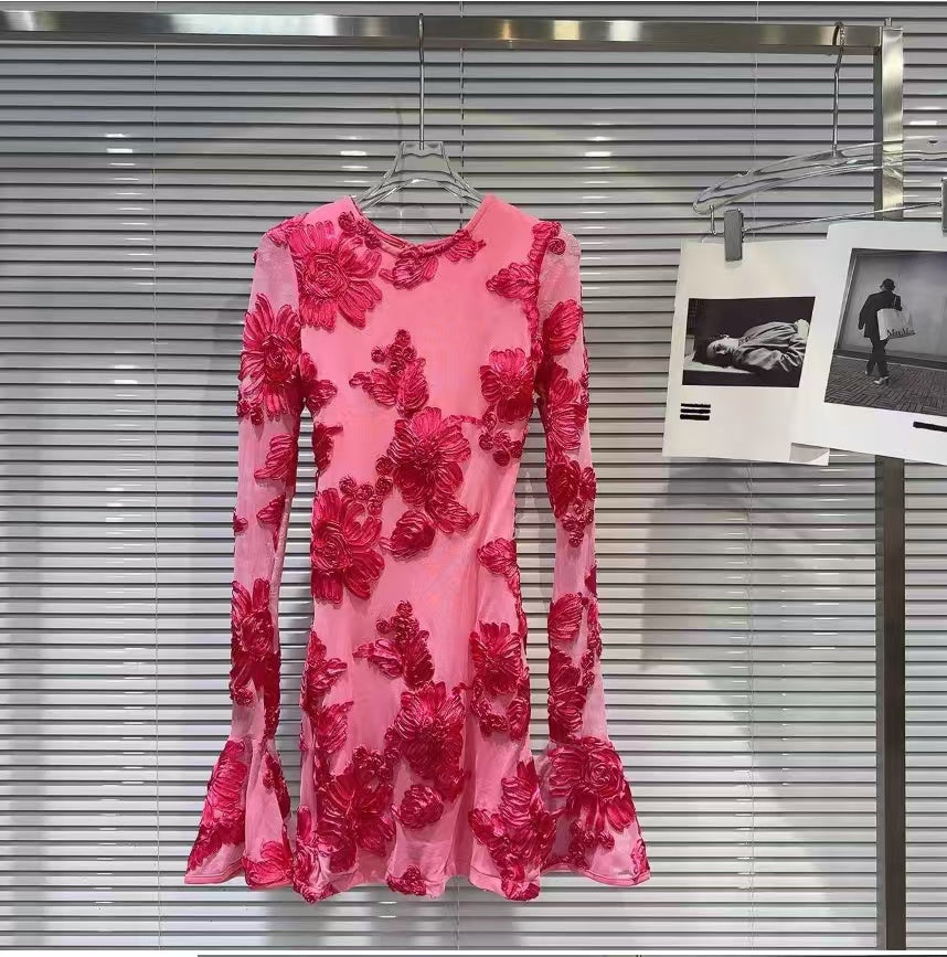 Carita Rose Red Flower Long Sleeve Mini Dress Flowering Girl