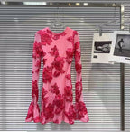 Carita Rose Red Flower Long Sleeve Mini Dress Flowering Girl