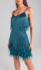 Emerald Tassel Feather Mini Dress Flowering Girl