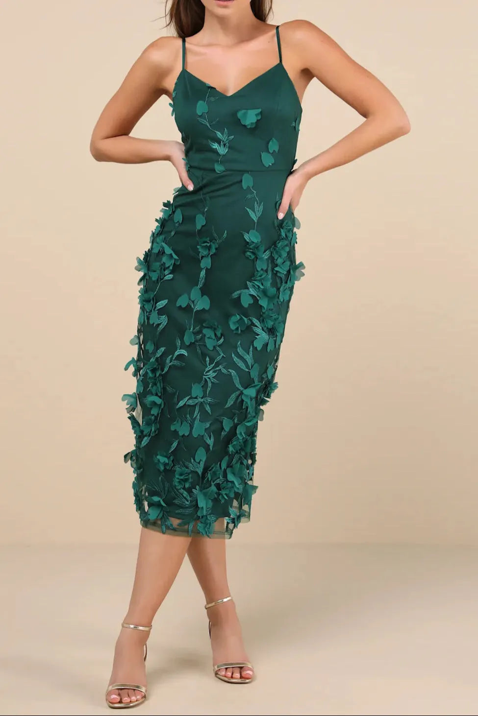 Emerald 3D Floral Embroidered Midi Dress Flowering Girl