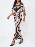 Hylora Cape Sleeve Split Printed Skirt Set Flowering Girl