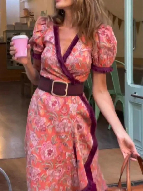 Elegant Pink Floral Print Short Sleeve Maxi Dress Flowering Girl