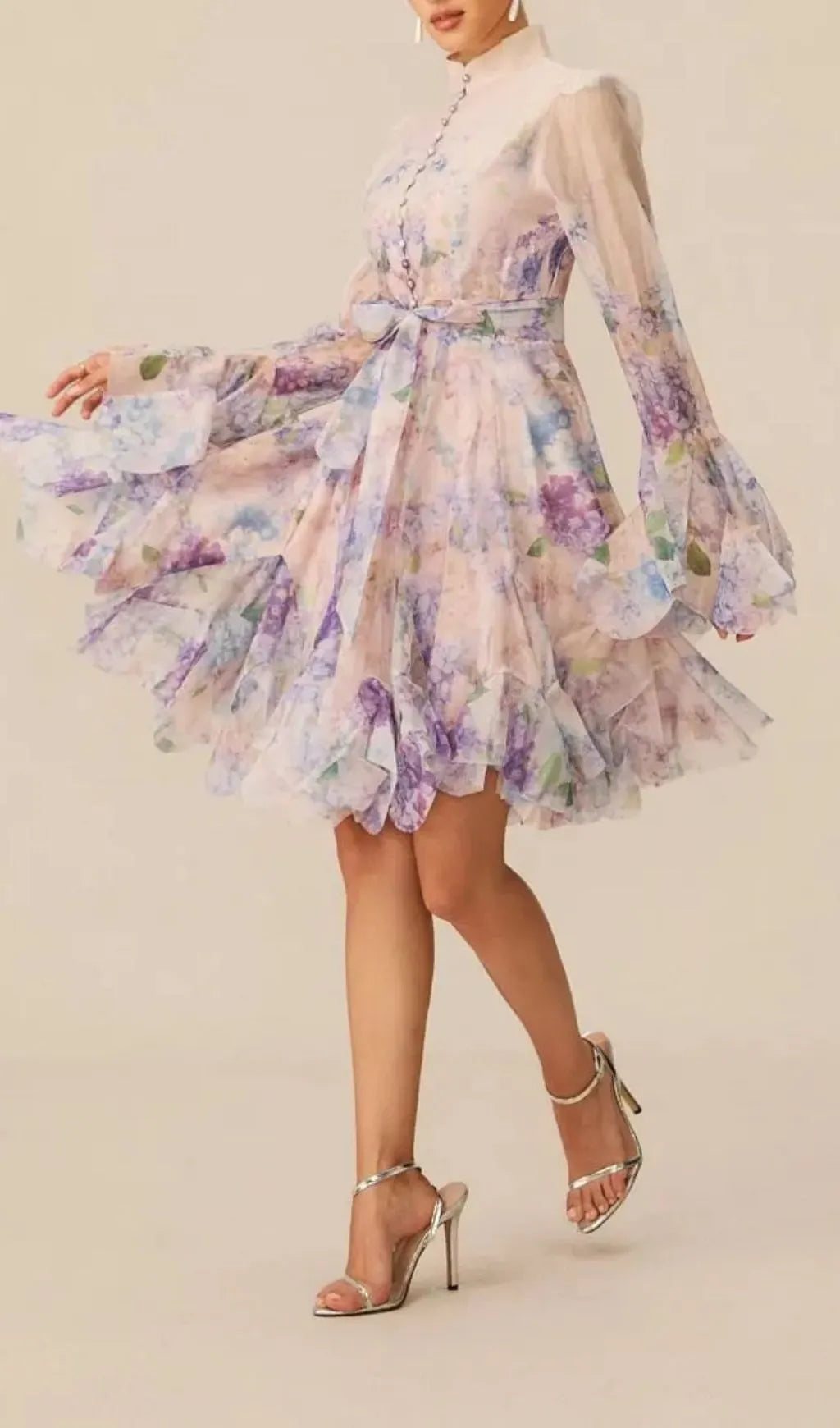 Lana Purple Long Sleeve Chiffon Floral Mini Dress Flowering Girl