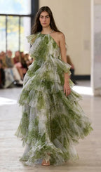Claire Green Floral Print Pleated Layer Maxi Dress Flowering Girl