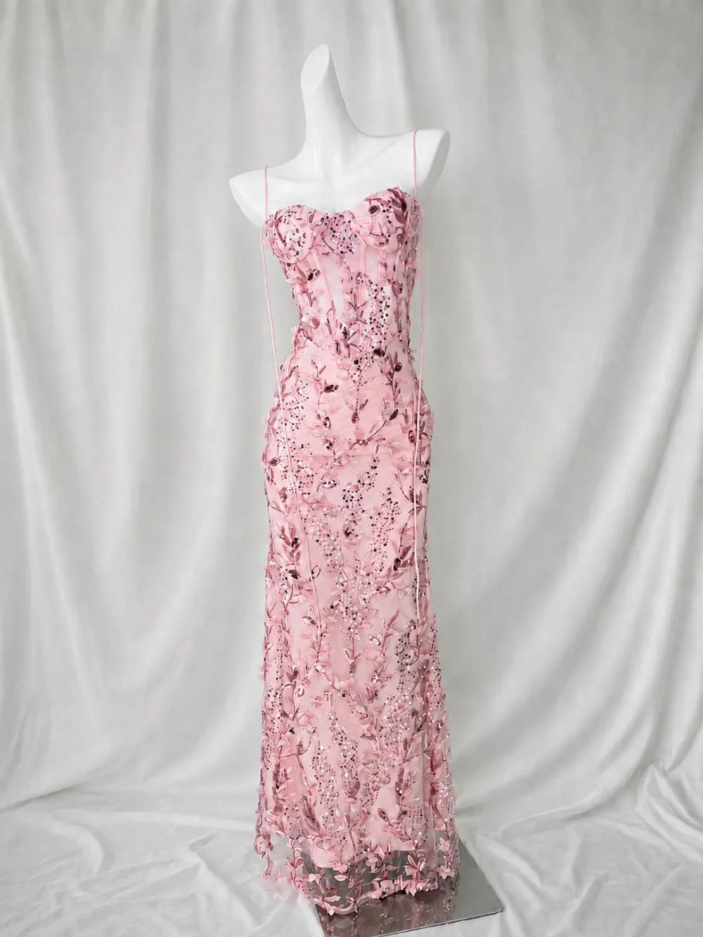 Floral Sequin Structured Bustier Maxi Dress Pink Flowering Girl