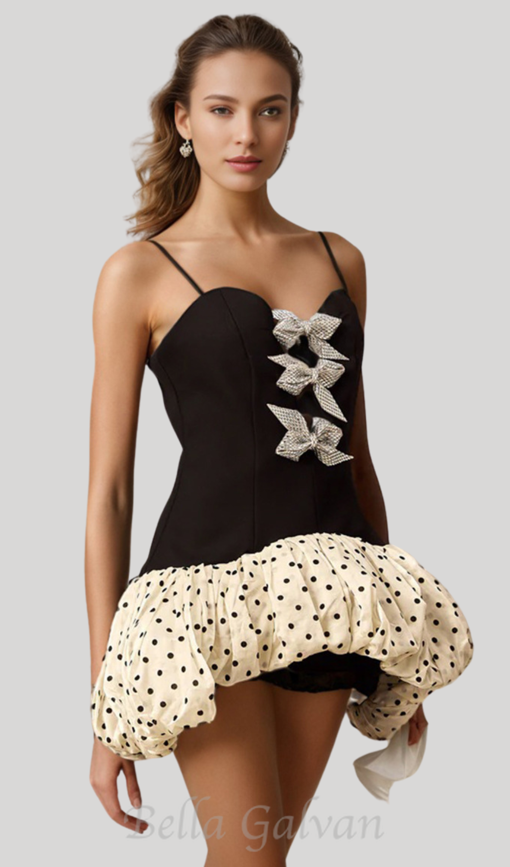 bow polka dot patchwork mini dress in black Flowering Girl