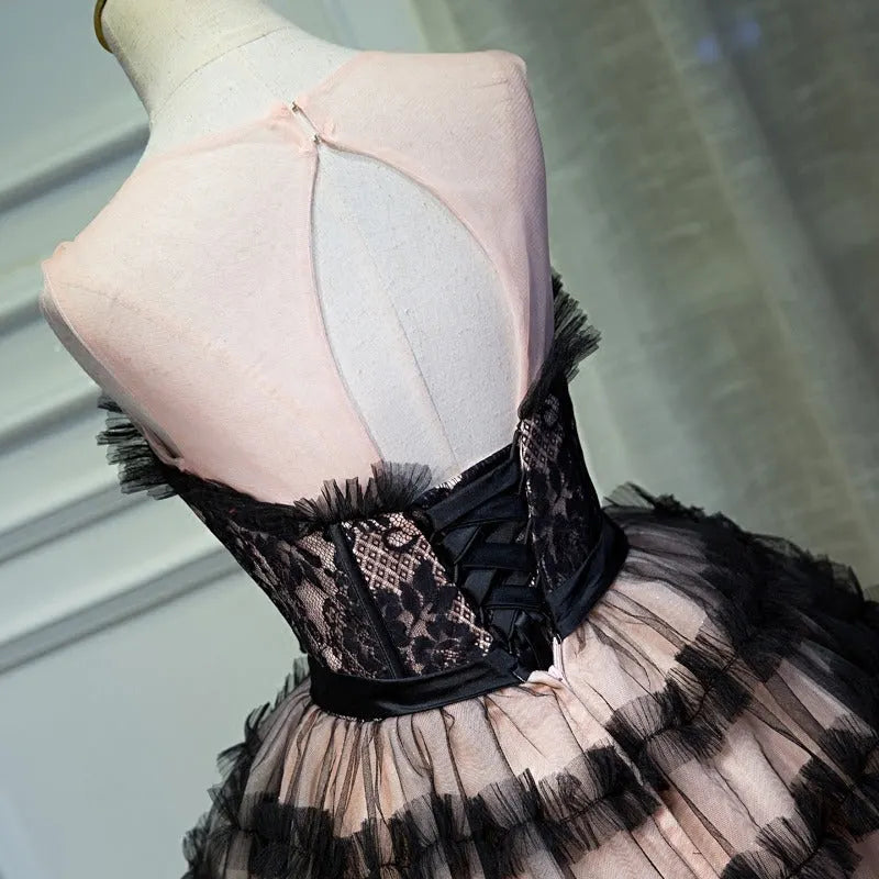 Lorraine Bow Lace Strapless Puffy Mini Dress In Black Flowering Girl