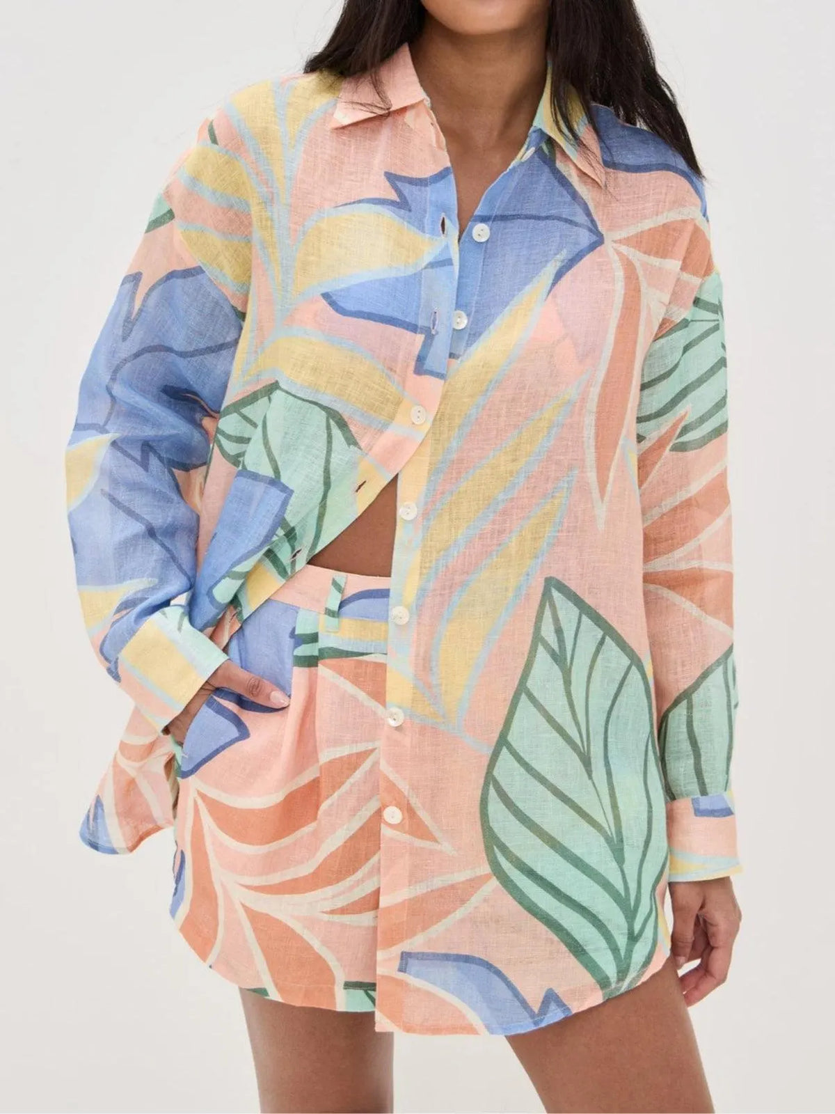 Playa Boyfriend Tropical Leaf Printed Short Set Flowering Girl