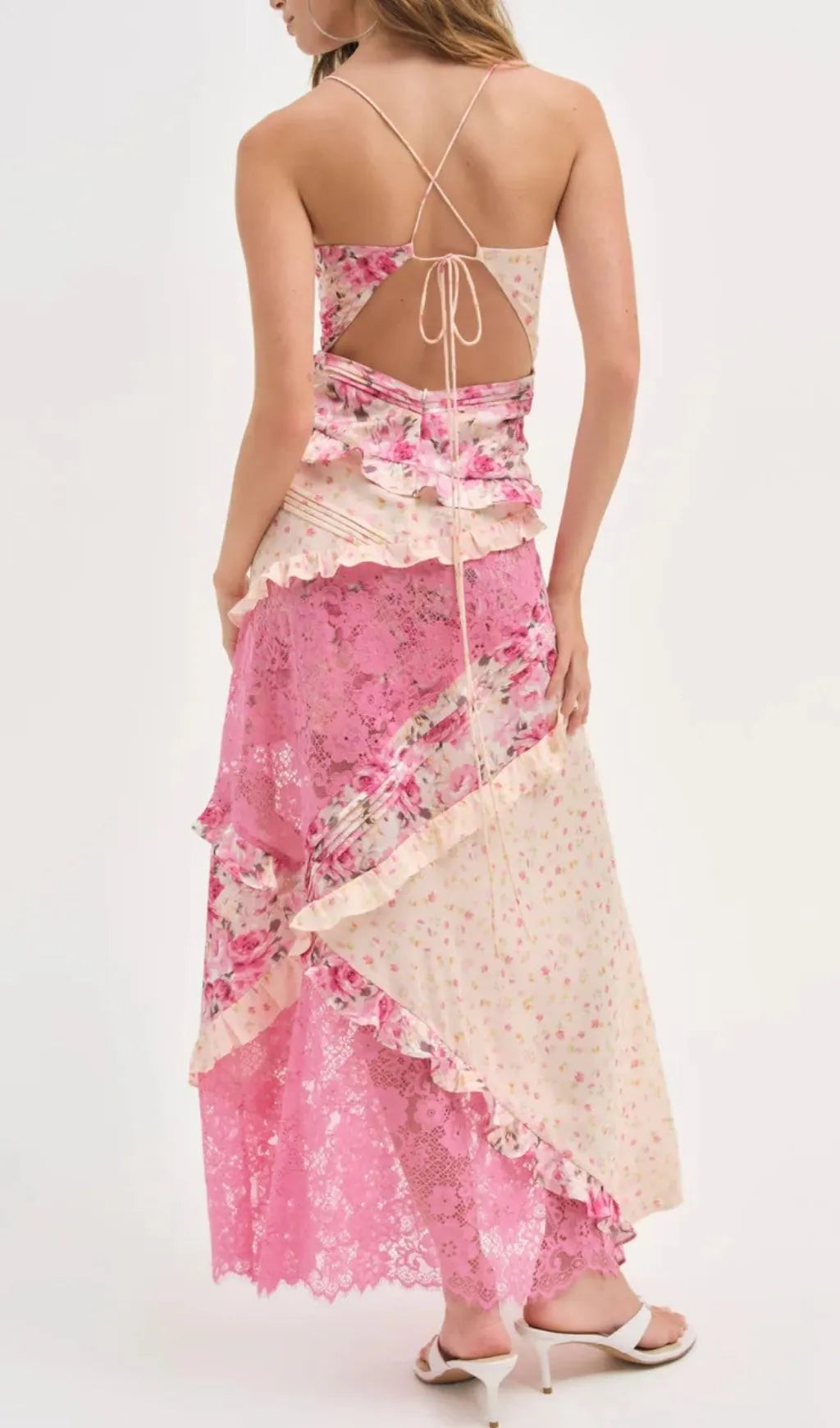 Georgia Coral Red V Neck Floral Print Lace Maxi Dress Flowering Girl