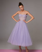 Lavender Strapless Puffy Midi Tulle Dress Flowering Girl