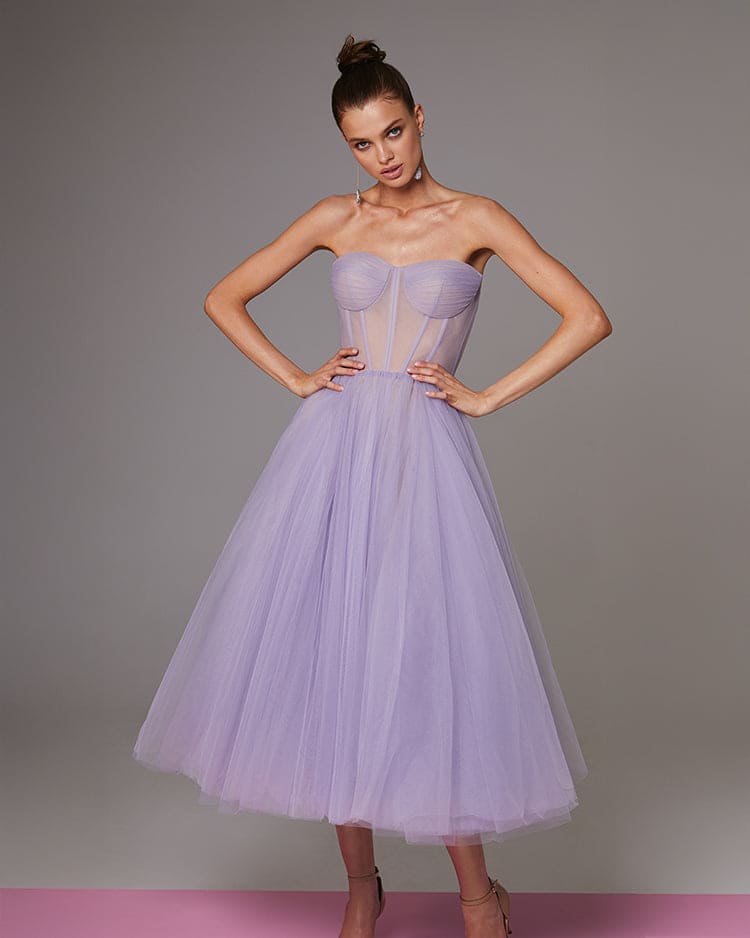 Lavender Strapless Puffy Midi Tulle Dress Flowering Girl