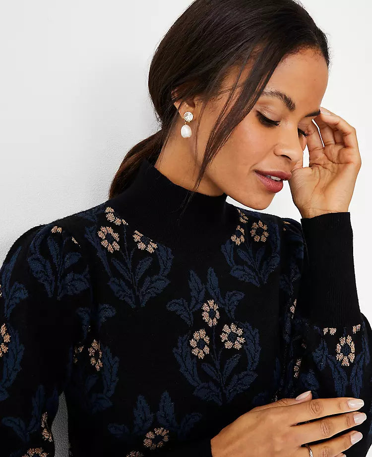 petite floral mock neck sweater dress in black Flowering Girl