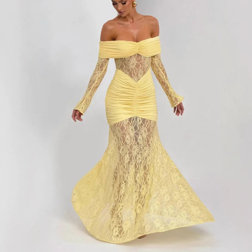 Lace-Trimmed Flared Sleeve Fishtail Maxi Skirt Flowering Girl
