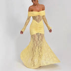 Lace-Trimmed Flared Sleeve Fishtail Maxi Skirt Flowering Girl