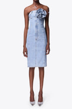 Flower Corsage Strapless Midi Dress In Light Wash Blue Flowering Girl