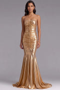 Gold Metallic Ruched Mermaid Gown Flowering Girl
