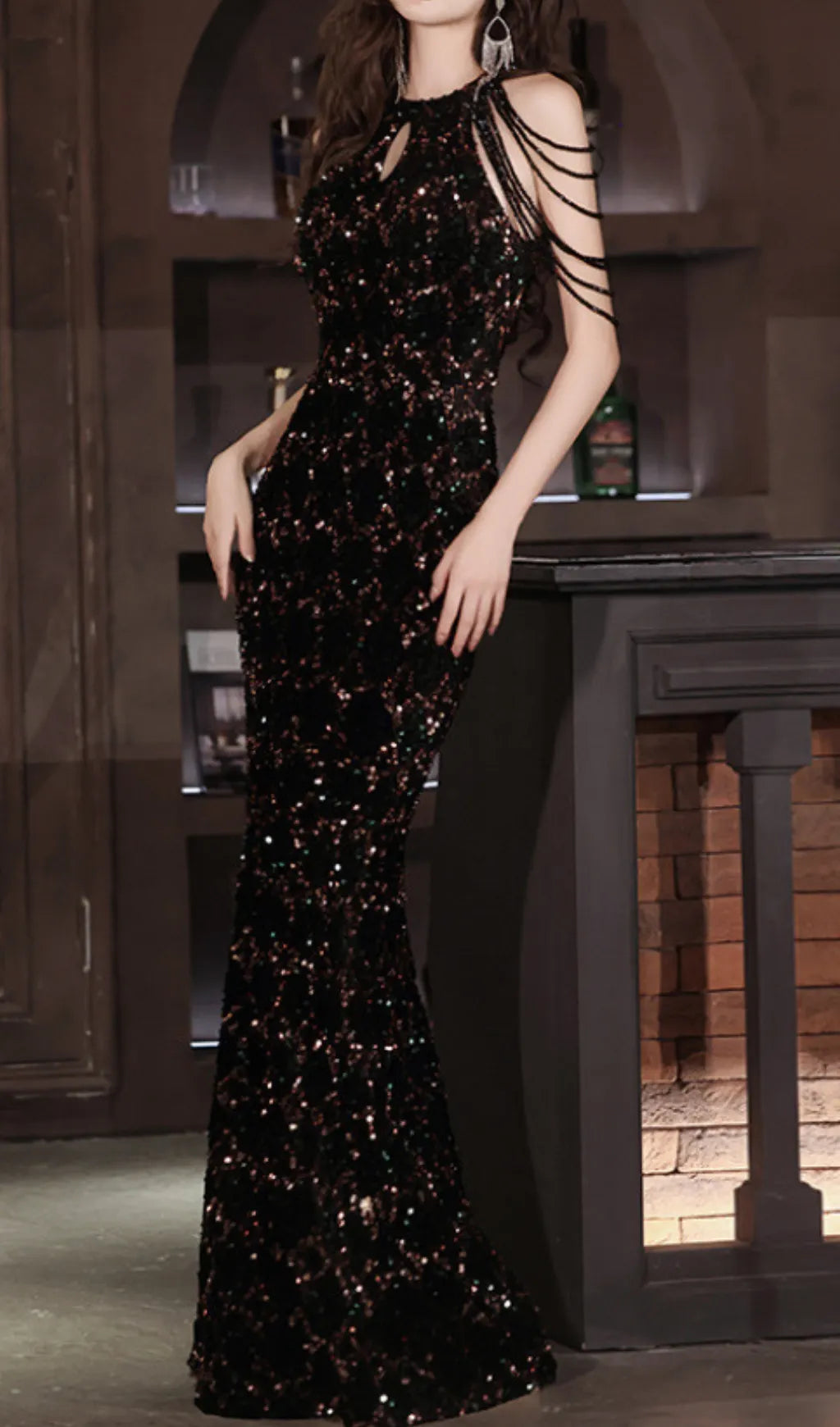 Chiyoye Black Halter Sequin Maxi Dress Flowering Girl