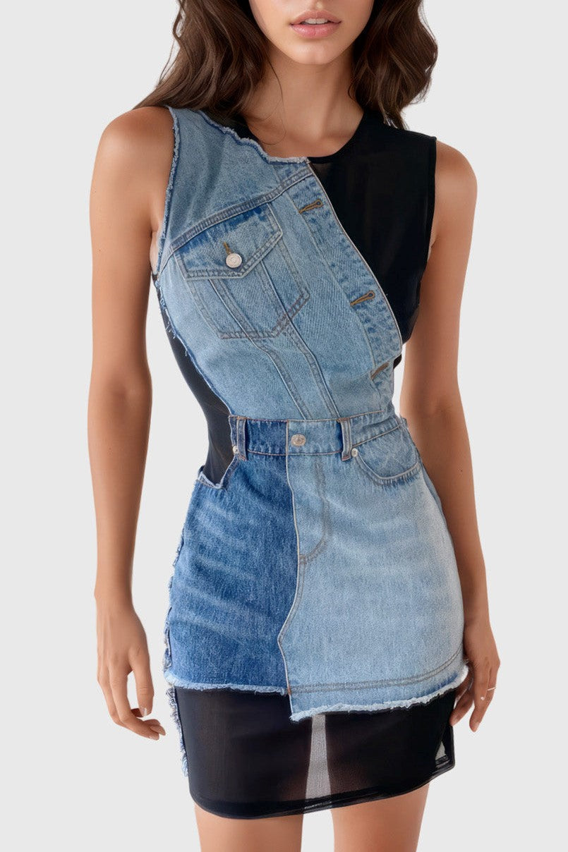 Rory Patchwork Denim Mini Dress Flowering Girl