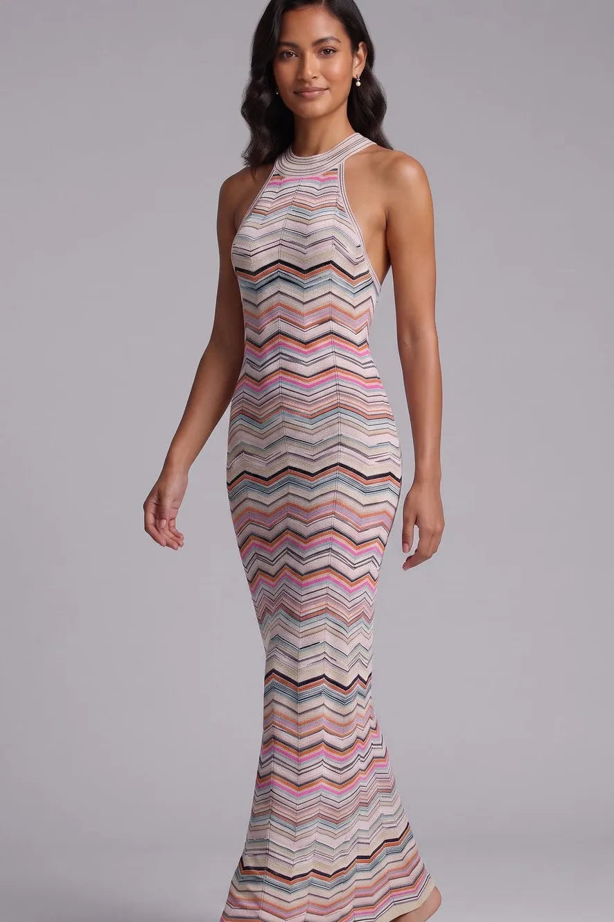 Vibrant Chevron Halter Knit Maxi Dress Flowering Girl