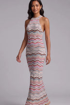 Vibrant Chevron Halter Knit Maxi Dress Flowering Girl
