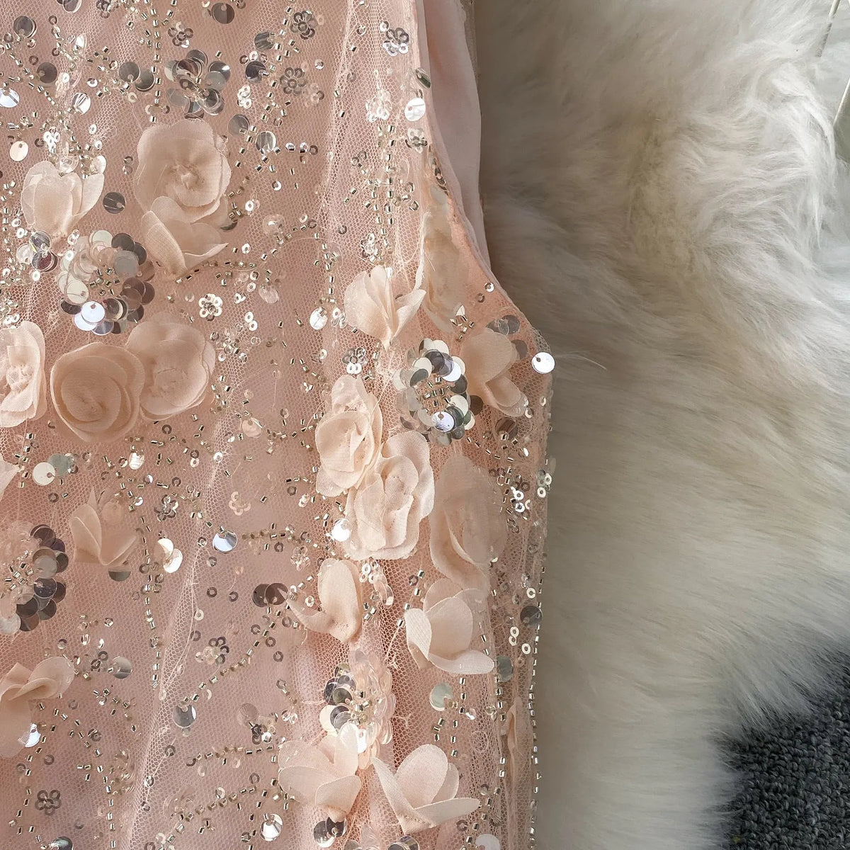 Blush Pink Tulle Mesh A-Line Shift Dress with Floral Embellishment Flowering Girl