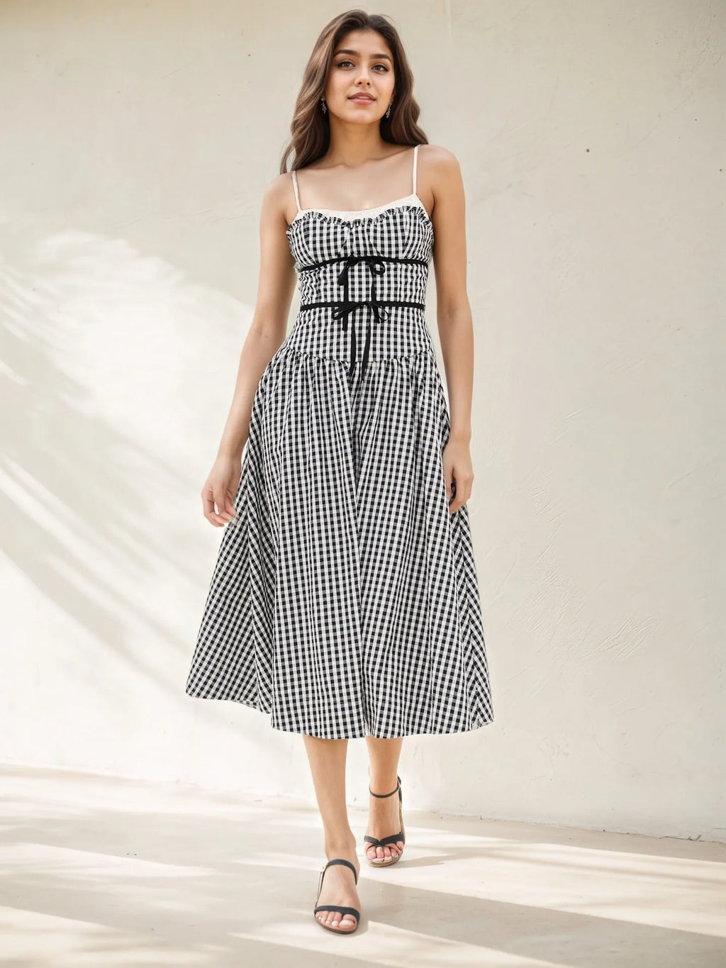 Black White Gingham Ruffle Cami Self-Tie Waist Flowy Midi Dress Flowering Girl