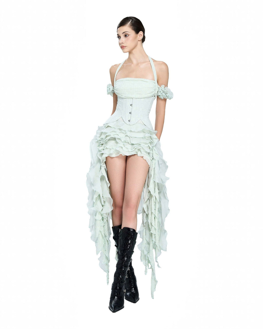 Baha Ruch Ruffle Fringe Mini Dress In Mint Green Flowering Girl