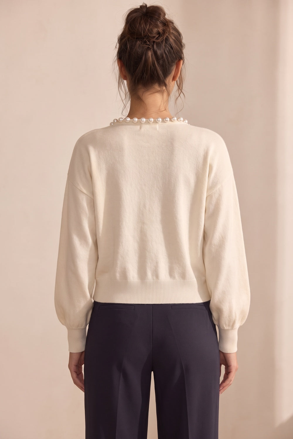 Cream Fine Knit Boxy Cropped Cardigan with Pearl Trim Flowering Girl