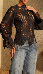 Lysendral Long Sleeve Crochet Top In Black Flowering Girl