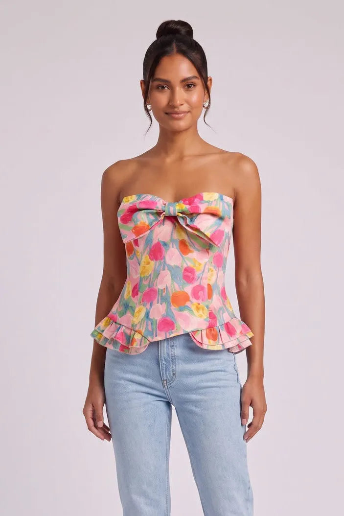 Pink Floral Strapless Corset Top with Peplum Flowering Girl