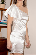 White Satin One-Shoulder Mini Dress Flowering Girl