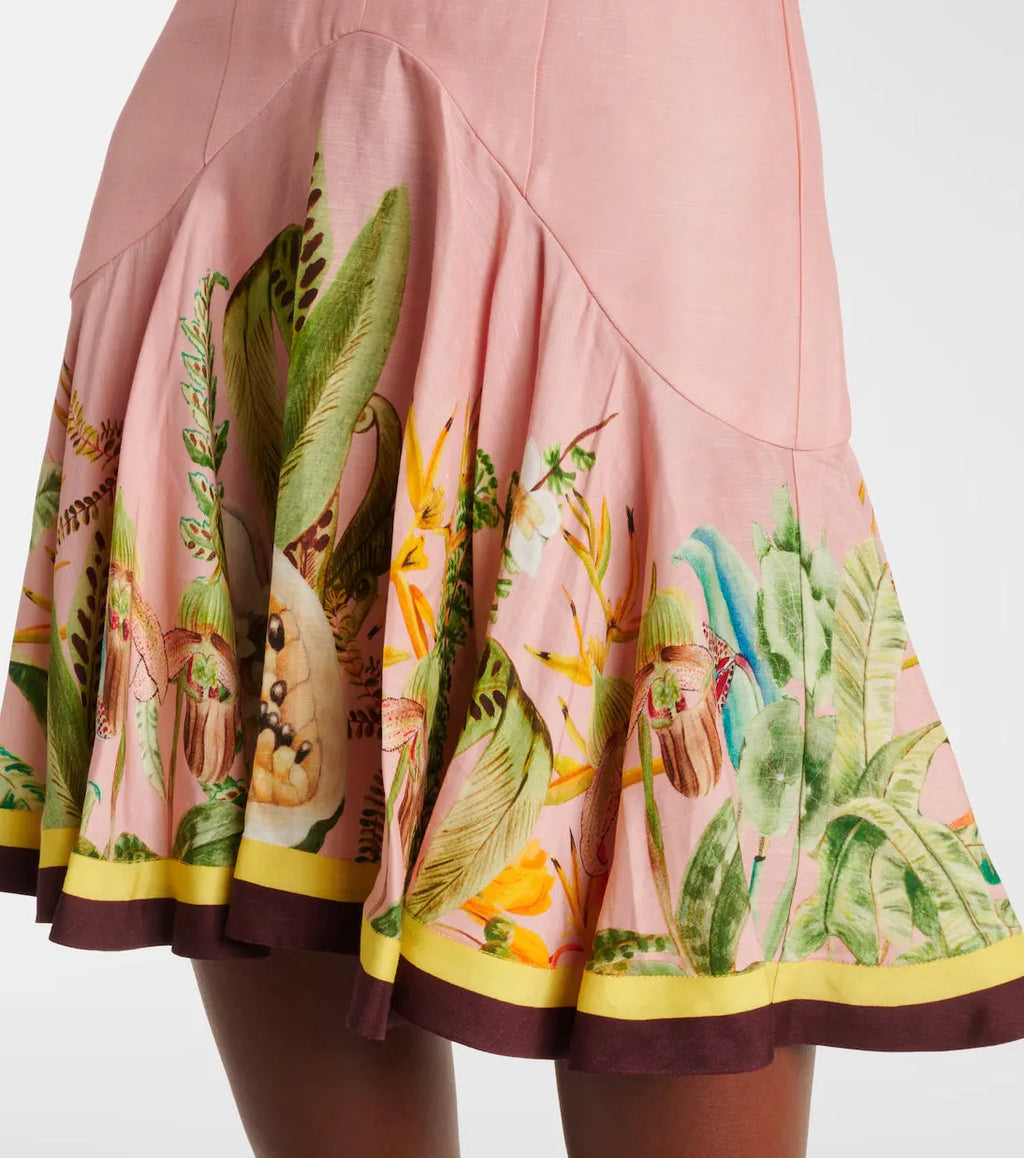 V-Neck Puff Sleeve Cotton Linen Printed Mini Dress - Pink Flowering Girl