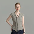 Houndstooth Lapel Tie Neck Cap Sleeve Slim Blouse Flowering Girl