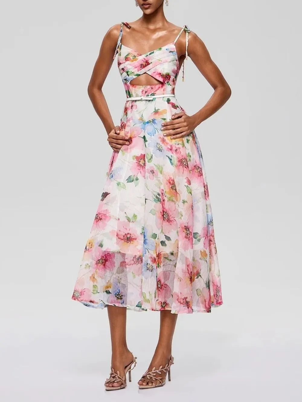 Walric Spaghetti Cutout Floral Midi Dress Flowering Girl