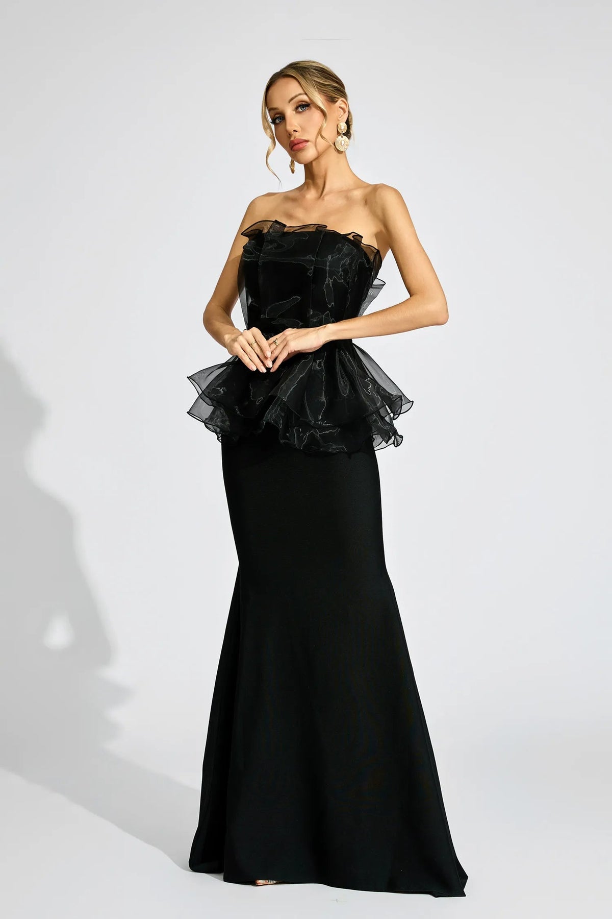 Lorraine Black Peplum Strapless Maxi Dress Flowering Girl